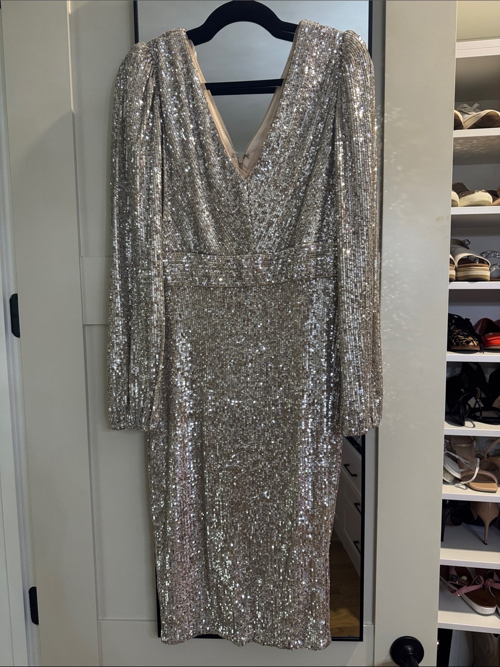 Xscape Silver Sequin Midi Dress with V-Neck and Long Sleeves